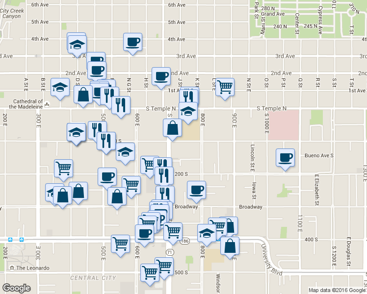 map of restaurants, bars, coffee shops, grocery stores, and more near 732 East 100 South in Salt Lake City
