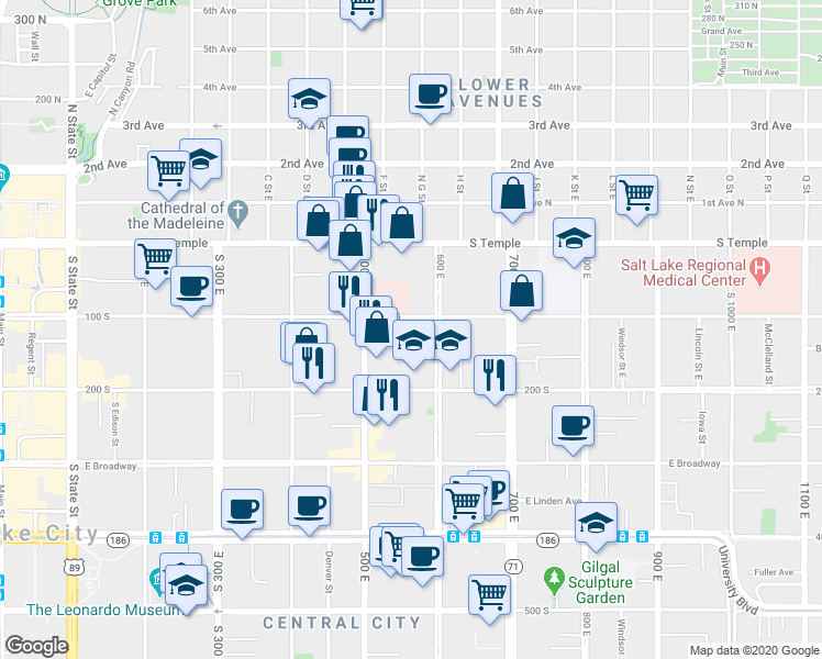 map of restaurants, bars, coffee shops, grocery stores, and more near 574 East 100 South in Salt Lake City