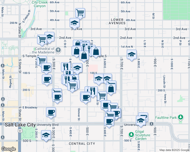 map of restaurants, bars, coffee shops, grocery stores, and more near 522 East 100 South in Salt Lake City
