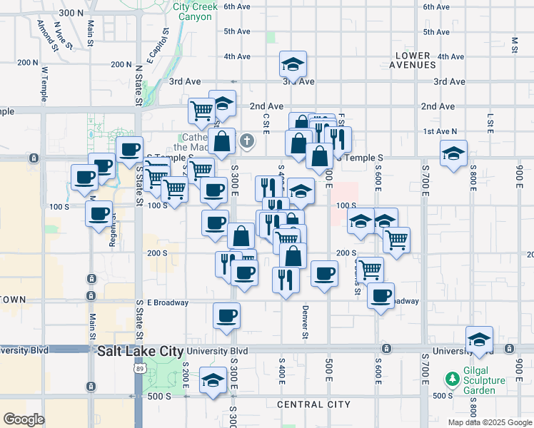 map of restaurants, bars, coffee shops, grocery stores, and more near 358 East 100 South in Salt Lake City