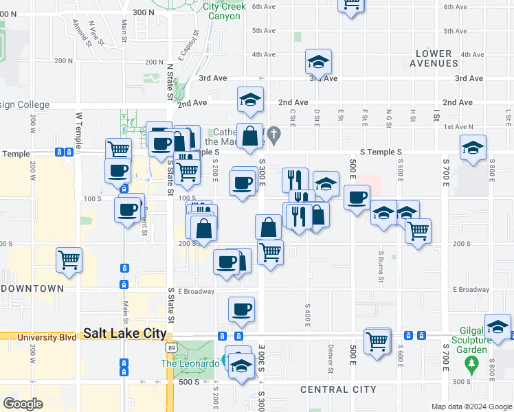 map of restaurants, bars, coffee shops, grocery stores, and more near in Salt Lake City