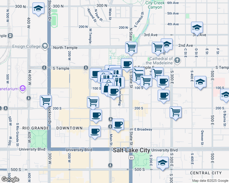 map of restaurants, bars, coffee shops, grocery stores, and more near 102 South Main Street in Salt Lake City