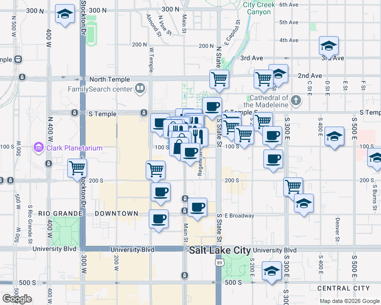 map of restaurants, bars, coffee shops, grocery stores, and more near 102 South Main Street in Salt Lake City