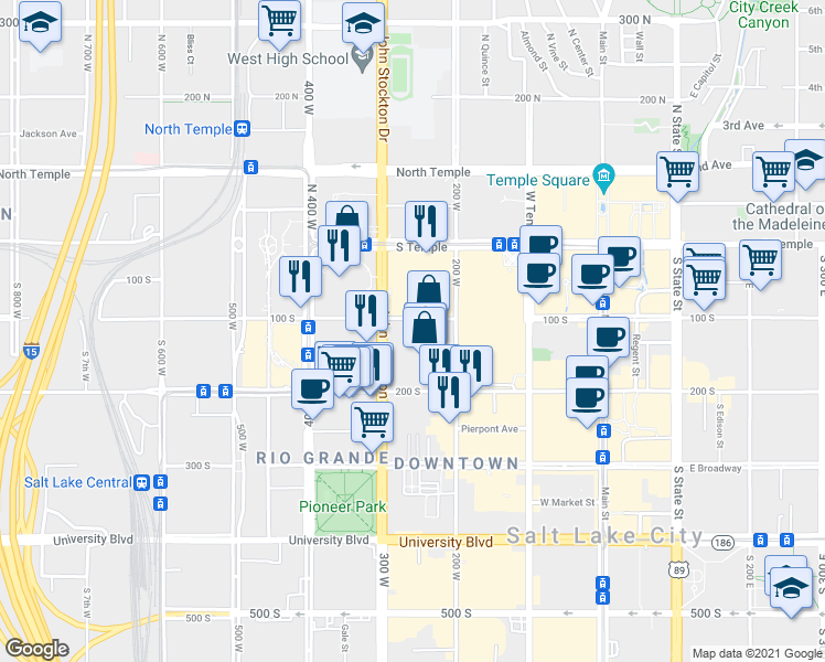 map of restaurants, bars, coffee shops, grocery stores, and more near 243 West 100 South in Salt Lake City