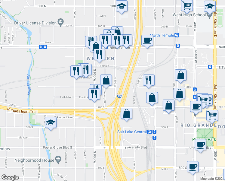 map of restaurants, bars, coffee shops, grocery stores, and more near 825 West 100 South in Salt Lake City