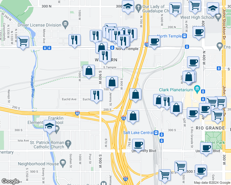 map of restaurants, bars, coffee shops, grocery stores, and more near 825 West 100 South in Salt Lake City