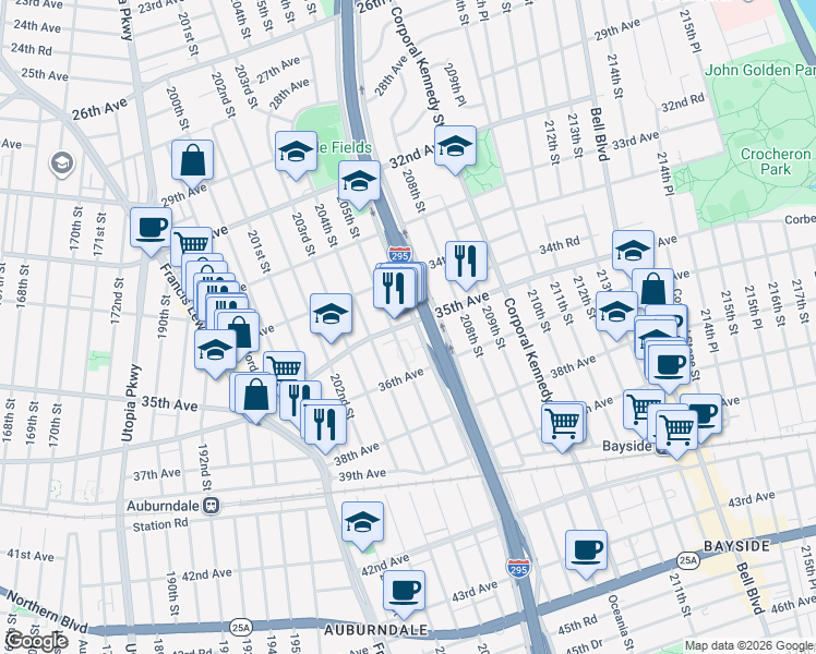 map of restaurants, bars, coffee shops, grocery stores, and more near 20521 35th Avenue in Queens