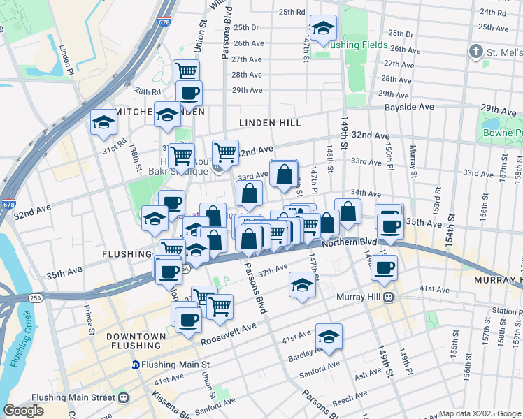 map of restaurants, bars, coffee shops, grocery stores, and more near 145-6A 34th Avenue in Queens