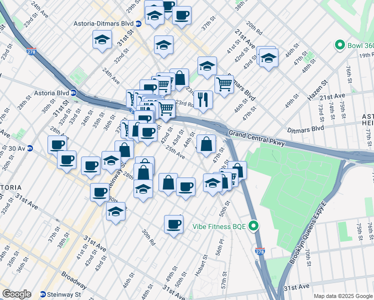 map of restaurants, bars, coffee shops, grocery stores, and more near 2441 44th Street in Queens