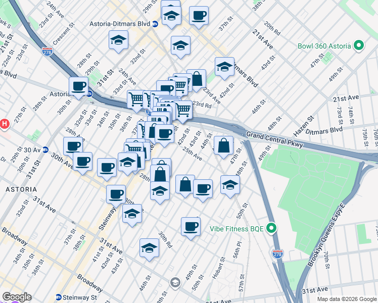 map of restaurants, bars, coffee shops, grocery stores, and more near 42-15 25th Avenue in Queens