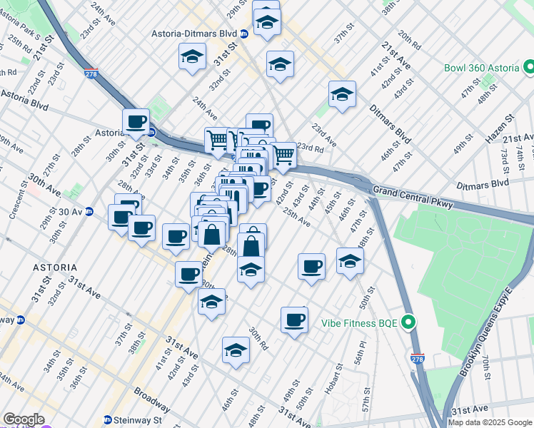 map of restaurants, bars, coffee shops, grocery stores, and more near 25-23 41st Street in Queens