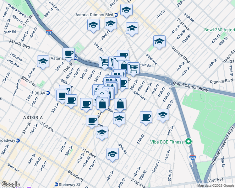 map of restaurants, bars, coffee shops, grocery stores, and more near 81 Steinway Street in Queens