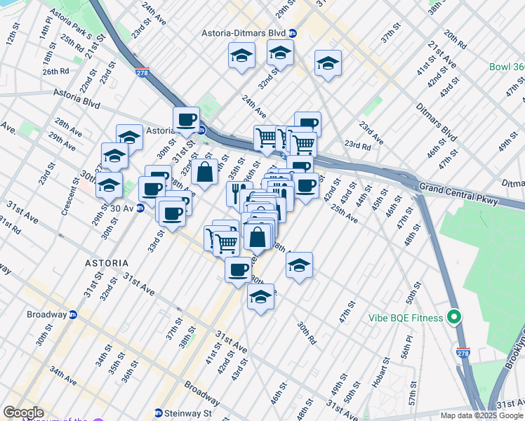 map of restaurants, bars, coffee shops, grocery stores, and more near 25-72 Steinway Street in Queens