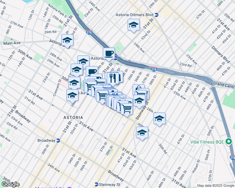map of restaurants, bars, coffee shops, grocery stores, and more near 28-8 35th Street in Queens
