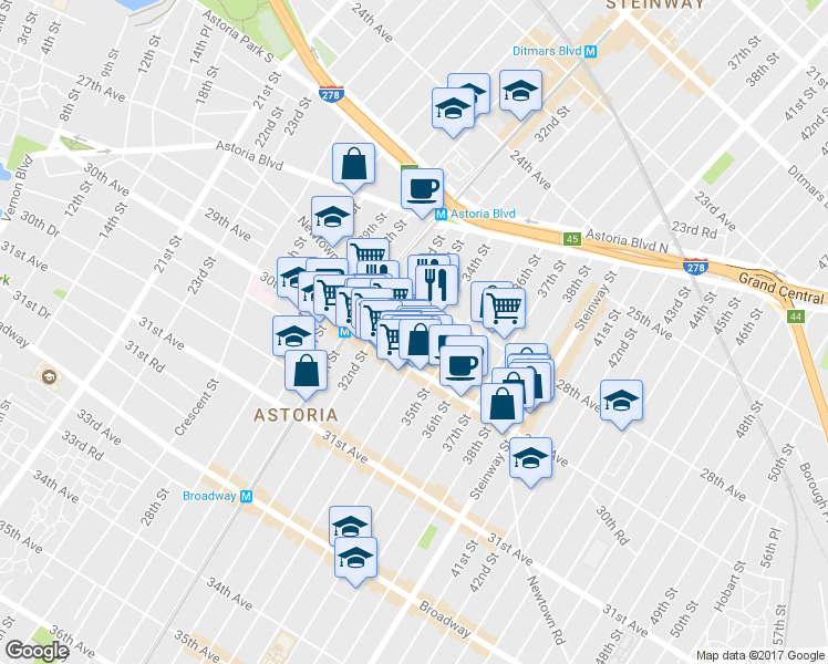 map of restaurants, bars, coffee shops, grocery stores, and more near 28-19 33rd Street in Queens