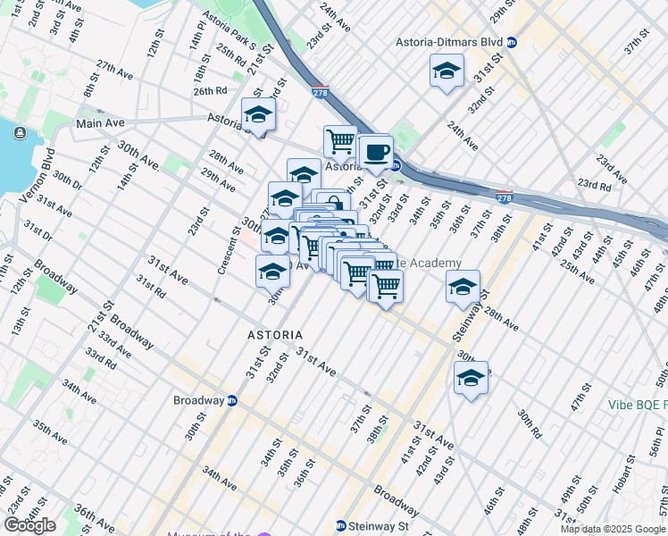 map of restaurants, bars, coffee shops, grocery stores, and more near 31-23 Newtown Avenue in Queens