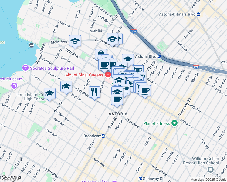 map of restaurants, bars, coffee shops, grocery stores, and more near 25-40 30th Road in Queens