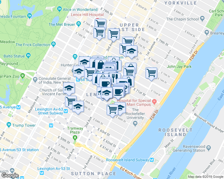map of restaurants, bars, coffee shops, grocery stores, and more near 310 East 70th Street in New York