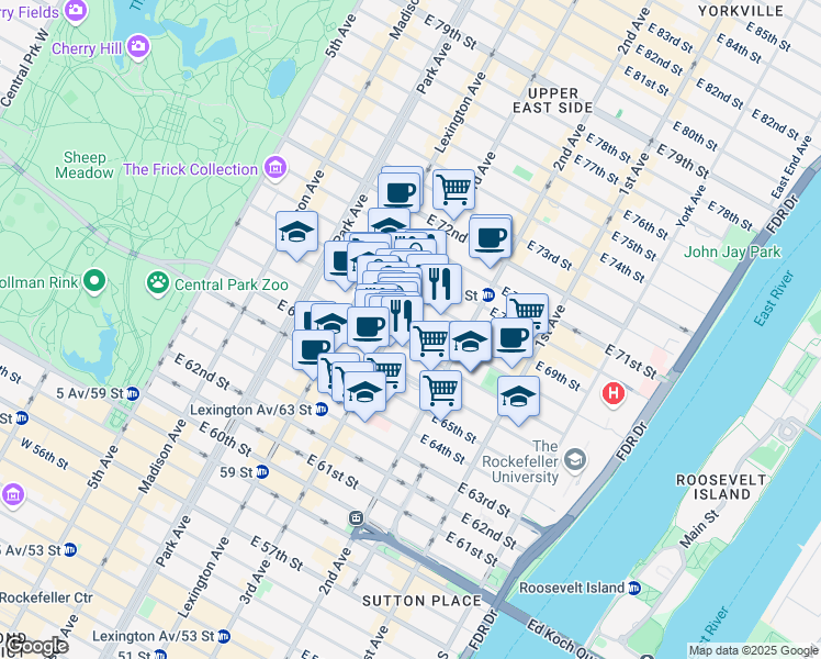 map of restaurants, bars, coffee shops, grocery stores, and more near 1175 3rd Avenue in New York