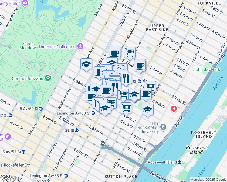 map of restaurants, bars, coffee shops, grocery stores, and more near 1175 3rd Avenue in New York
