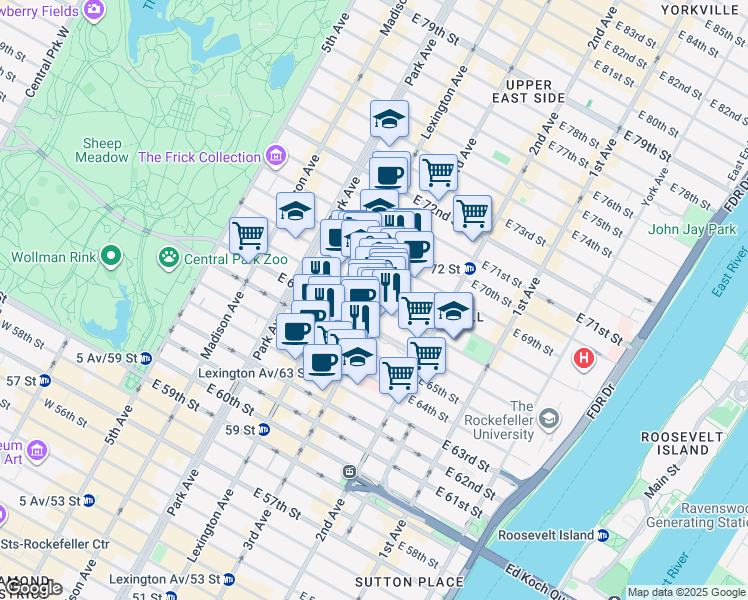 map of restaurants, bars, coffee shops, grocery stores, and more near 157 East 67th Street in New York