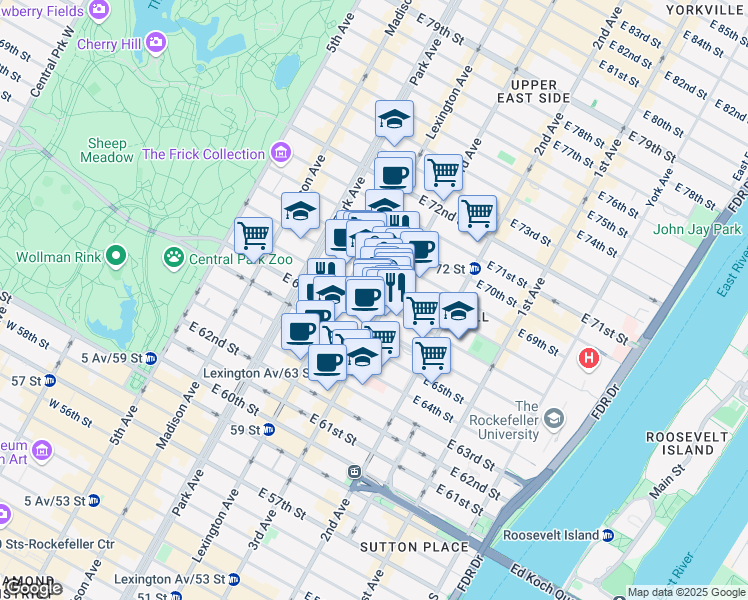 map of restaurants, bars, coffee shops, grocery stores, and more near 157 East 67th Street in New York