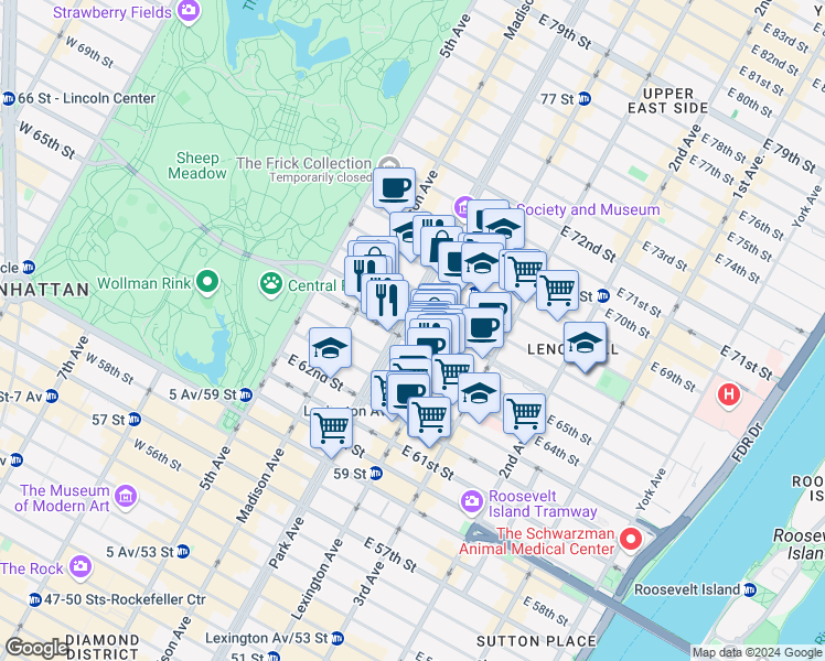 map of restaurants, bars, coffee shops, grocery stores, and more near in New York