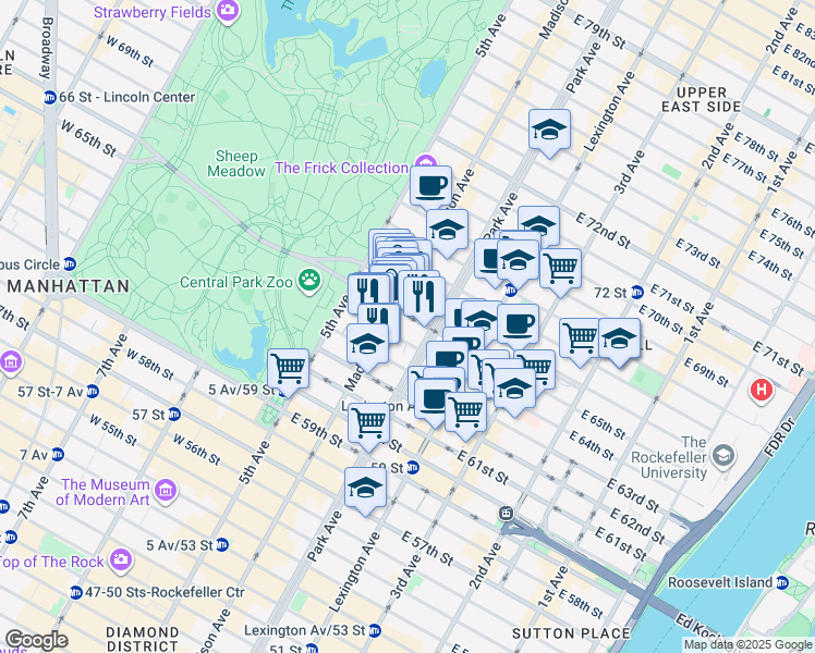 map of restaurants, bars, coffee shops, grocery stores, and more near 42A East 65th Street in New York