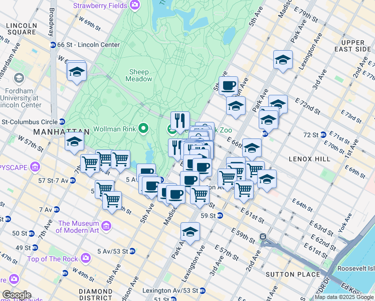 map of restaurants, bars, coffee shops, grocery stores, and more near 820 5th Avenue in New York