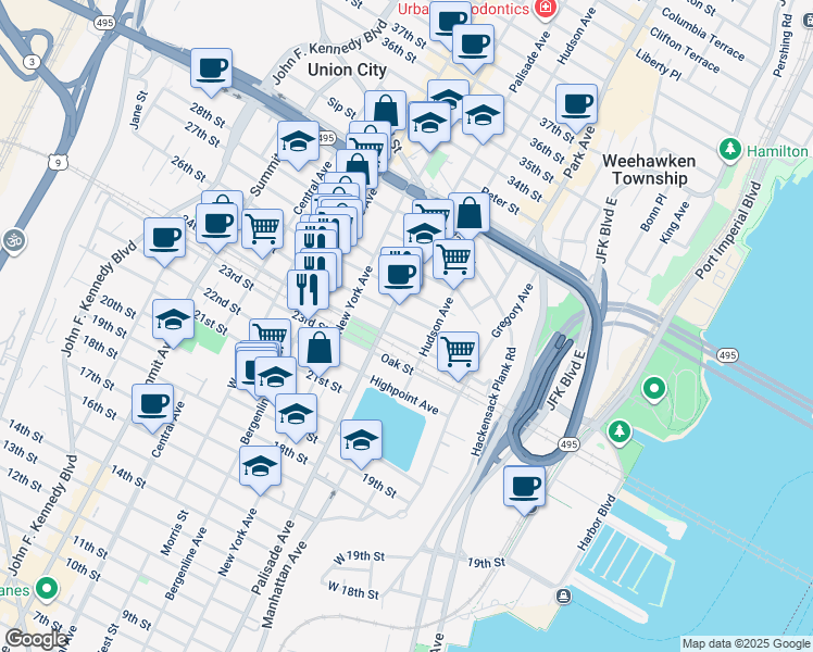 map of restaurants, bars, coffee shops, grocery stores, and more near 2410 Palisade Avenue in Weehawken