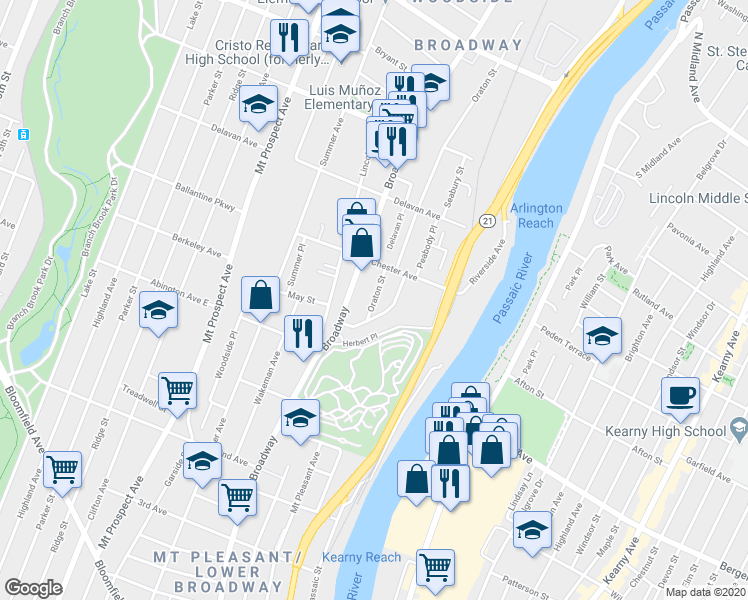 map of restaurants, bars, coffee shops, grocery stores, and more near 39 Oraton Street in Newark