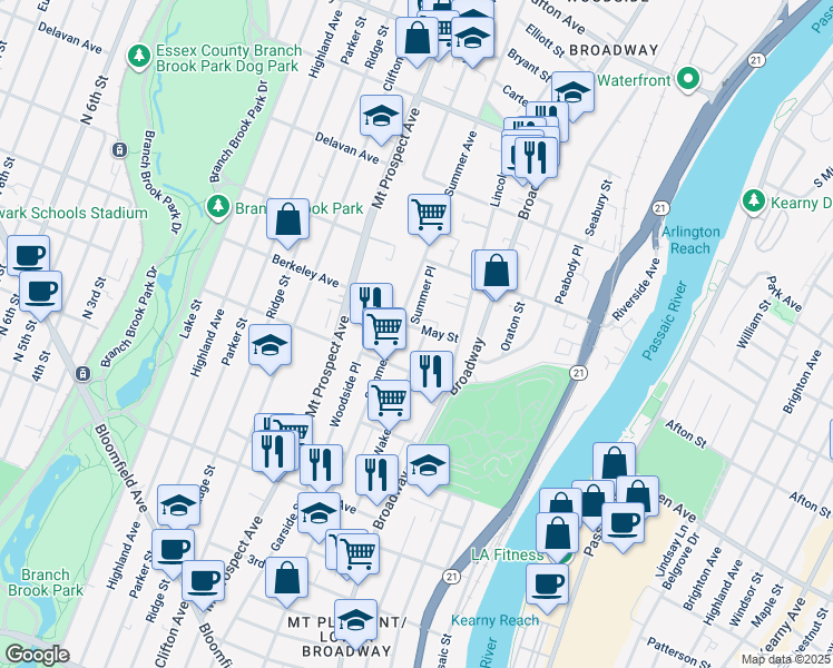 map of restaurants, bars, coffee shops, grocery stores, and more near 429 Summer Avenue in Newark