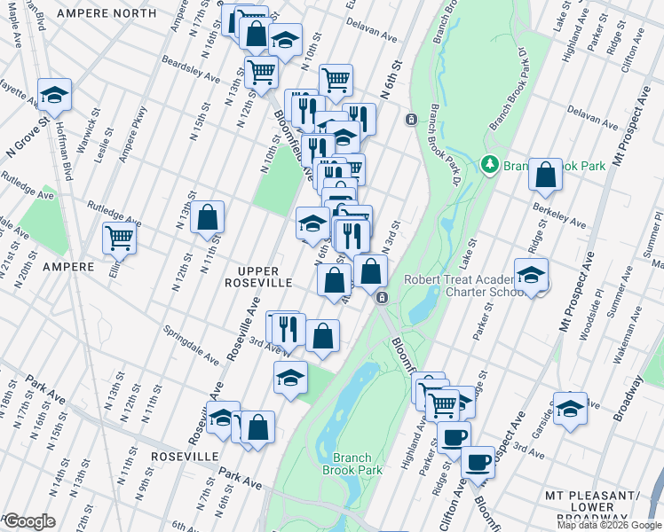 map of restaurants, bars, coffee shops, grocery stores, and more near 529 North 6th Street in Newark