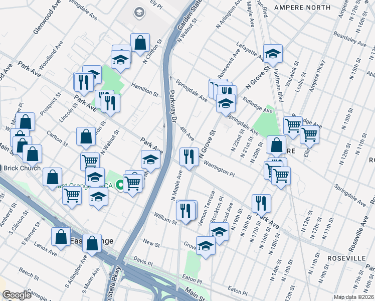 map of restaurants, bars, coffee shops, grocery stores, and more near 288 North Oraton Parkway in East Orange