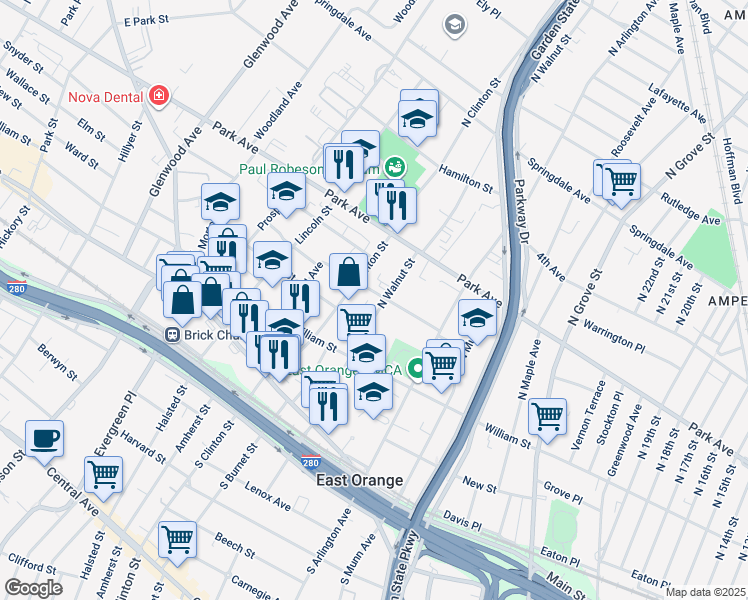 map of restaurants, bars, coffee shops, grocery stores, and more near 116 North Clinton Street in East Orange