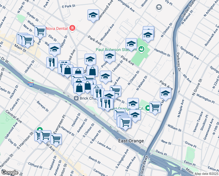 map of restaurants, bars, coffee shops, grocery stores, and more near 69 Ashland Avenue in East Orange