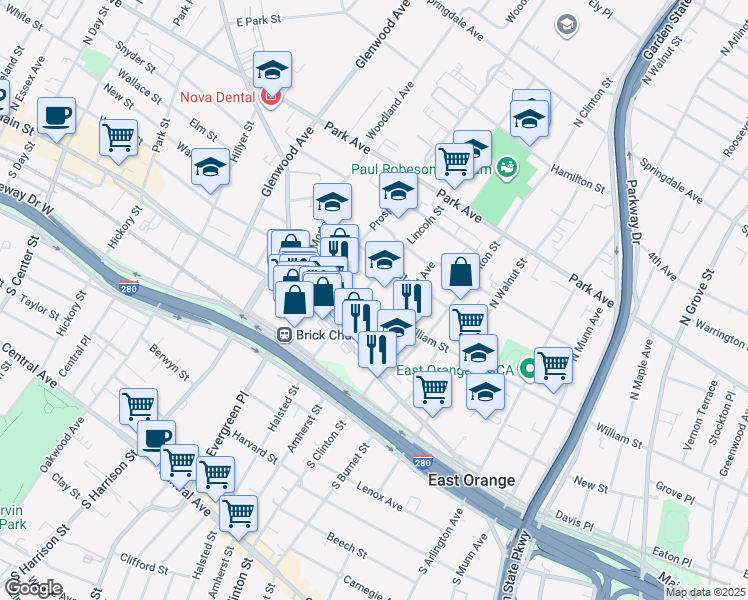 map of restaurants, bars, coffee shops, grocery stores, and more near 508 Main Street in East Orange