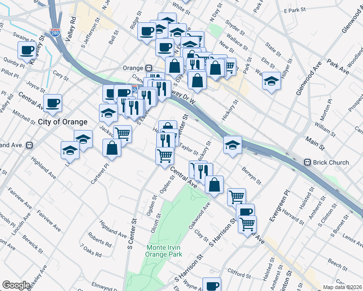 map of restaurants, bars, coffee shops, grocery stores, and more near 209 Taylor Street in City of Orange