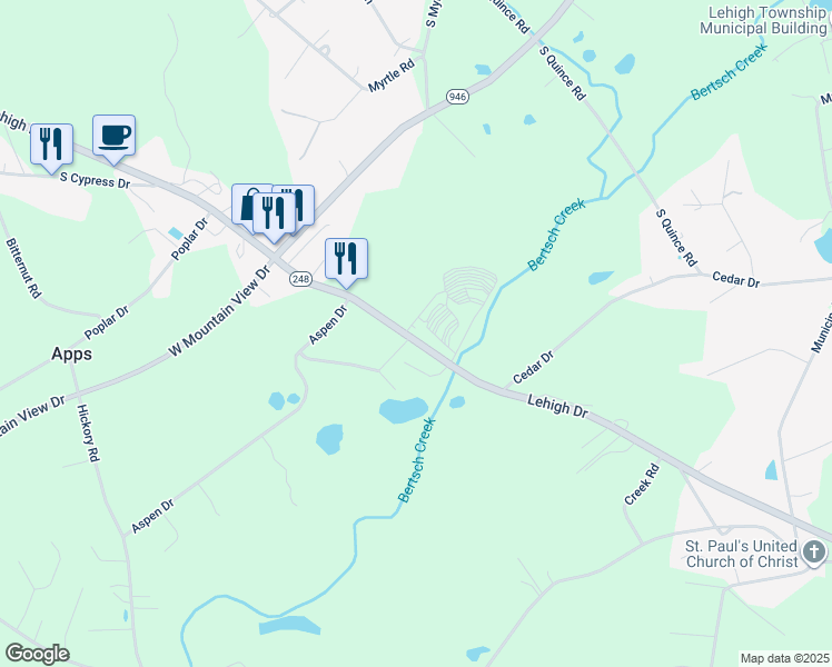 map of restaurants, bars, coffee shops, grocery stores, and more near 4544 Lehigh Drive in Walnutport