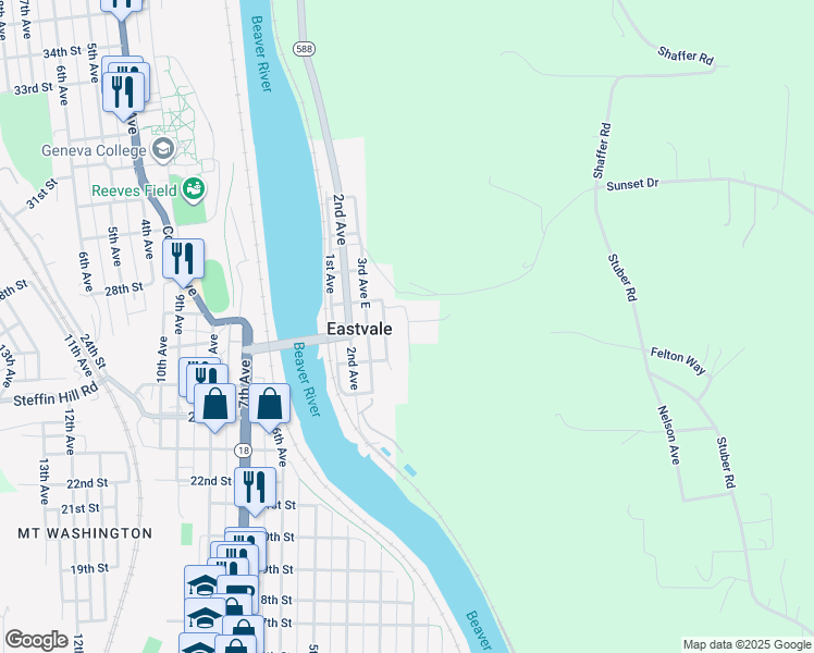 map of restaurants, bars, coffee shops, grocery stores, and more near 315 5th Avenue East in Beaver Falls