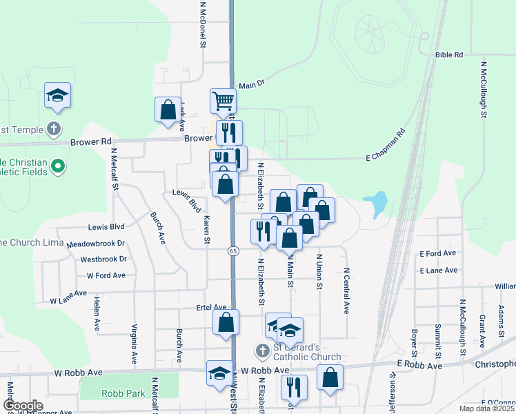 map of restaurants, bars, coffee shops, grocery stores, and more near 197 North Watt Avenue in Lima