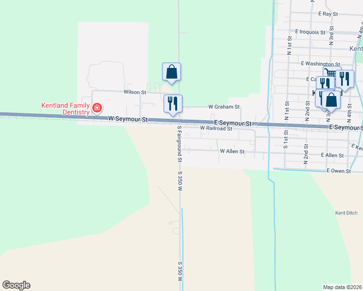 map of restaurants, bars, coffee shops, grocery stores, and more near 322 West Allen Street in Kentland