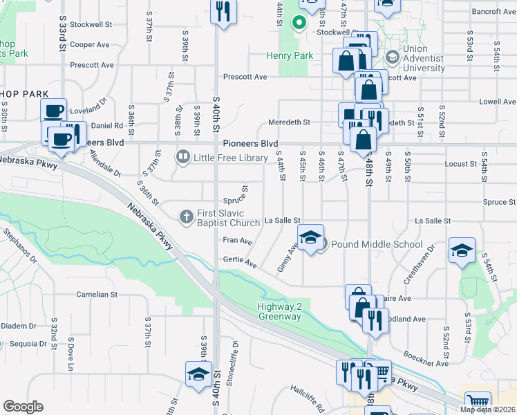 map of restaurants, bars, coffee shops, grocery stores, and more near 4600 South 43rd Street in Lincoln