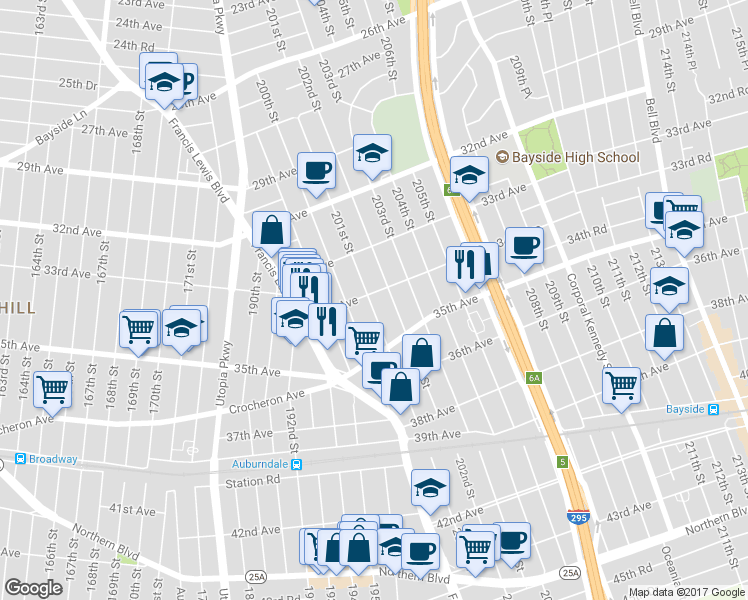 map of restaurants, bars, coffee shops, grocery stores, and more near 20104 34th Avenue in Queens