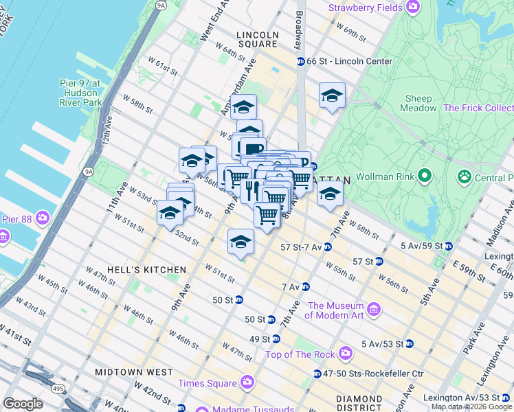 map of restaurants, bars, coffee shops, grocery stores, and more near 330 West 55th Street in New York
