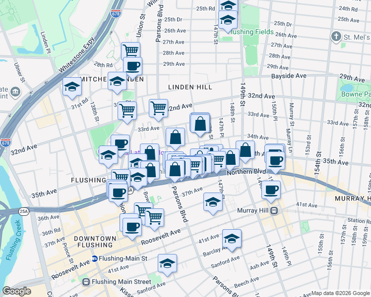 map of restaurants, bars, coffee shops, grocery stores, and more near 145-6A 34th Avenue in Queens