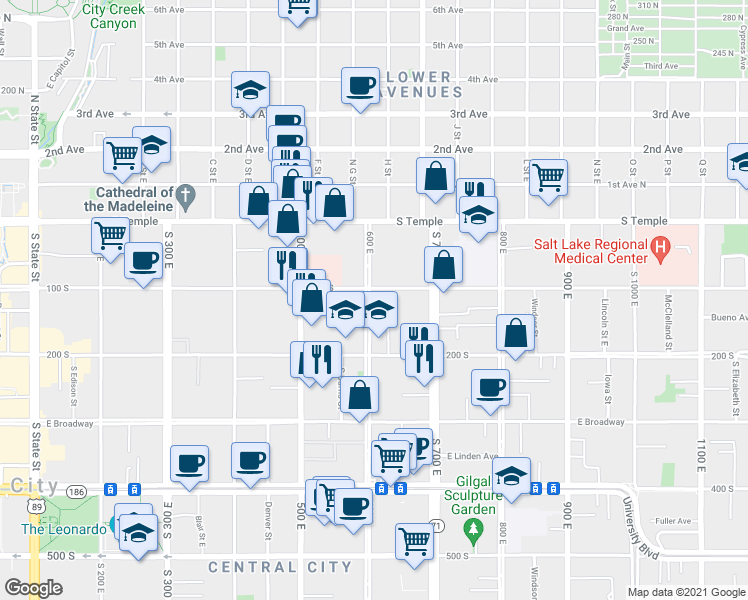 map of restaurants, bars, coffee shops, grocery stores, and more near 111 South 600 East in Salt Lake City