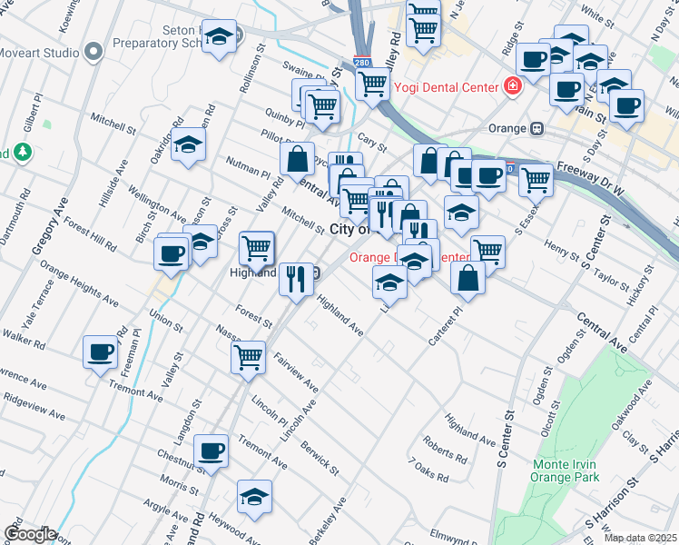 map of restaurants, bars, coffee shops, grocery stores, and more near 492 Conover Terrace in City of Orange
