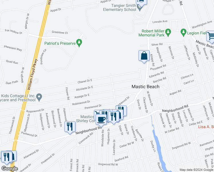 map of restaurants, bars, coffee shops, grocery stores, and more near 110 Alcolade Drive East in Shirley
