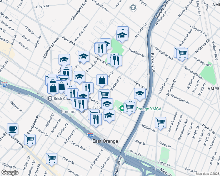 map of restaurants, bars, coffee shops, grocery stores, and more near 116 North Clinton Street in East Orange